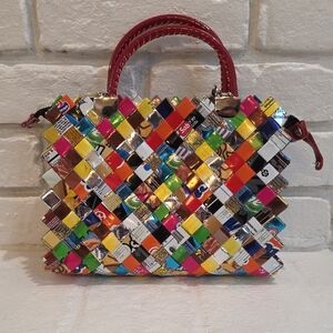 Nahui Ollin Colorful Recycled Tote with Red Handles